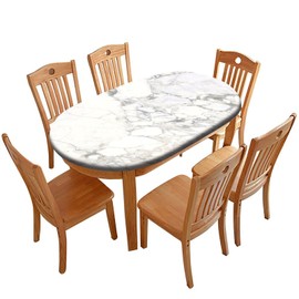 Fitted Oval Tablecloth with Elastic Edge, White Marble Lines Washable Wipeable Table Cover, for Indoor Holiday Family Banquet and Outdoor Patio Use, 68 inch x 48 inch