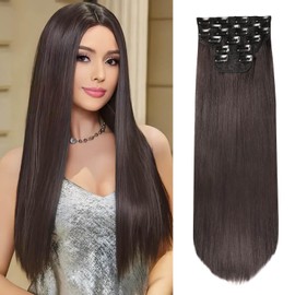 QUEENTAS 4 Pcs Long Straight Dark Brown Clip in Hair Extensions for Women Hairpieces 22 Inch Natural & Good Connectivity Hair Extensions Clip In