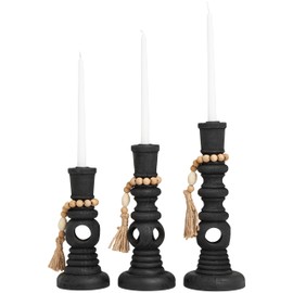 Deco 79 Wood Handmade Textured Matte Candle Holder with Beaded Garland Accent, Set of 3 14", 12", 10" H, Black