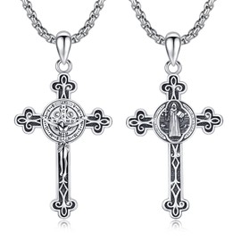 Saint Benedict Crucifix Necklace 925 Sterling Silver Saint Benedict Cross Necklace Religious Protector Amulet Jewellery Gift for Men Women 20 + 2 Inches, Sterling Silver, No Gemstone