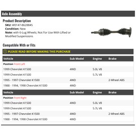 Front CV Axle Assembly - Compatible with 1988-1999 Chevy K1500 4WD with 6-Lug Wheels (Does Not Fit Lifted or Modified Suspensions)