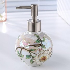 Handmade Ceramic Soap Dispenser for Bathroom Kitchen Shower Round Ball Shaped Decorative Vintage Chinese Painting Refillable Hand Lotion Pump Bottle for Liquid Soap Shampoo Lotions Pearl White