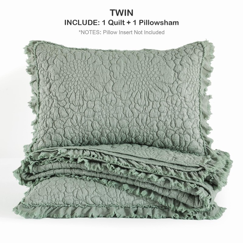 HORIMOTE HOME Sage Green Ruffled Quilt Twin Size, Stone-Washed Microfiber