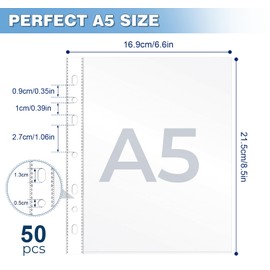 NOTEZMATE 50 Punched Pockets A5,Crystal Clear Plastic A5 Folders Wallets of 0.08mm,7 Ring Top Opening Poly Pockets,Extra Strong Plastic Sleeves A5 Paper for Lever Arch Files and Ring Binder Folders