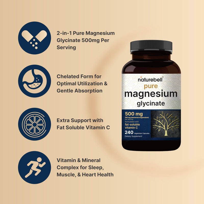 NatureBell Pure Magnesium Glycinate 500mg Per Serving, 240 Veggie Capsules