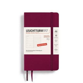 LEUCHTTURM1917 370529 Weekly Calendar & Notebook 2025, Pocket A6 Softcover - 12-Month Planner, 80 g, Lined - Port Red