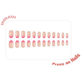 IMRAIN French Tip Press on Nails Almond Medium Fake Nails Pink Gradient Glossy Acrylic Nail Supplies White Flower Designs Glue on Nails Full Cover Oval False Nails for Women Girls 24Pcs
