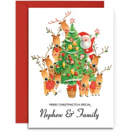Nephew & Family Christmas Card - Decorating the Tree - Medium Sized Card (A5 Size -148mm x 210mm) with Envelope