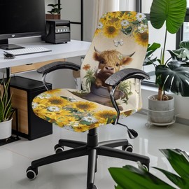 Wanyint Highland Cow Sunflower Butterfly Home Office Chair Cover for Armrest Chairs Universal Stretchable Rotating Boss Chair Slipcover Chair Protector Cover for Office Chair, L