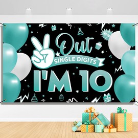 HTDZZI Peace Out Single Digits I’m 10 Backdrop – Happy 10th Birthday Decorations for Girls, Turquoise Teal Fabric Double Digits Photo Prop Banner, Yard Sign, Indoor Outdoor Party Decor
