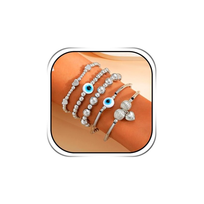 Evlry Boho-Armbänder-Set mit Bösen Blick, Herz-Armband mit silber Perlen, Accessoires