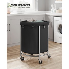 SONGMICS 50.2-Gallon (190 L) Laundry Basket with Wheels, Rolling Round Heavy-Duty Laundry Hamper Cart with Steel Frame and Removable Bag, 2 Locking Wheels, Ink Black and Metallic Silver URLS001B01