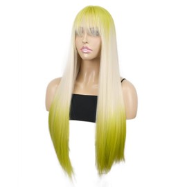 Onemily Long Green Wigs for Women 24 Inch Green Wig with Bangs Natural Soft Synthetic Heat Resistant Fiber Wigs Hair for Daily Party Use