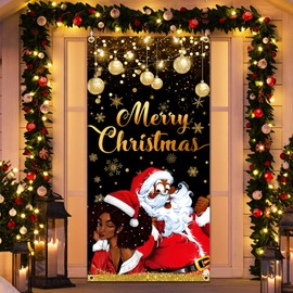 Black Santa Christmas Decorations Door Cover, 6x2.9FT African American Christmas Decorations Door Banner Black Santa African American Santa Holiday Banner for Door Black Santa Door Decorations