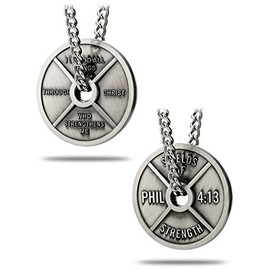 Shields of Strength Women’s Antique Finish Weight Plate Necklace Phil 4:13 Fitness Faith Encouragement Ideal Gift Curb Chain Christian Jewelry Pendant