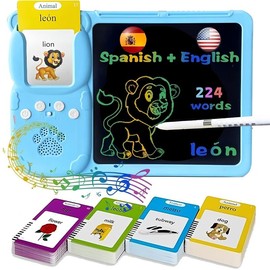 Spanish & English Talking Flash Cards for Toddlers 1 2 3 4 5 6, Audible Toys for Kids to Learn Spanish - 112 Cards and 224 Words Animal - Specification: BLUE