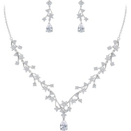 EVER FAITH Precioso Conjunto de Joyas de Boda para Novia Blanco lágrima Redonda CZ Flor racimo Vid Collar Pendientes Conjuntos