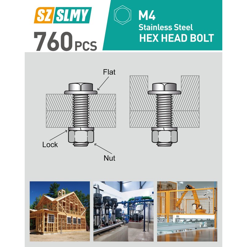 760 Pcs M4 Bolts and Nuts Set, Flat Hex, Hex