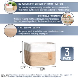 NaturalCozy Storage Cubes 9”x9”x7”Cotton Rope Woven Baskets for Organizing 3-Pack | 9 Inch Cube Storage Bin | Small Basket for Shelf Nursery, Pantry, Decorative Plant, Bathroom Closet, Toy Gift