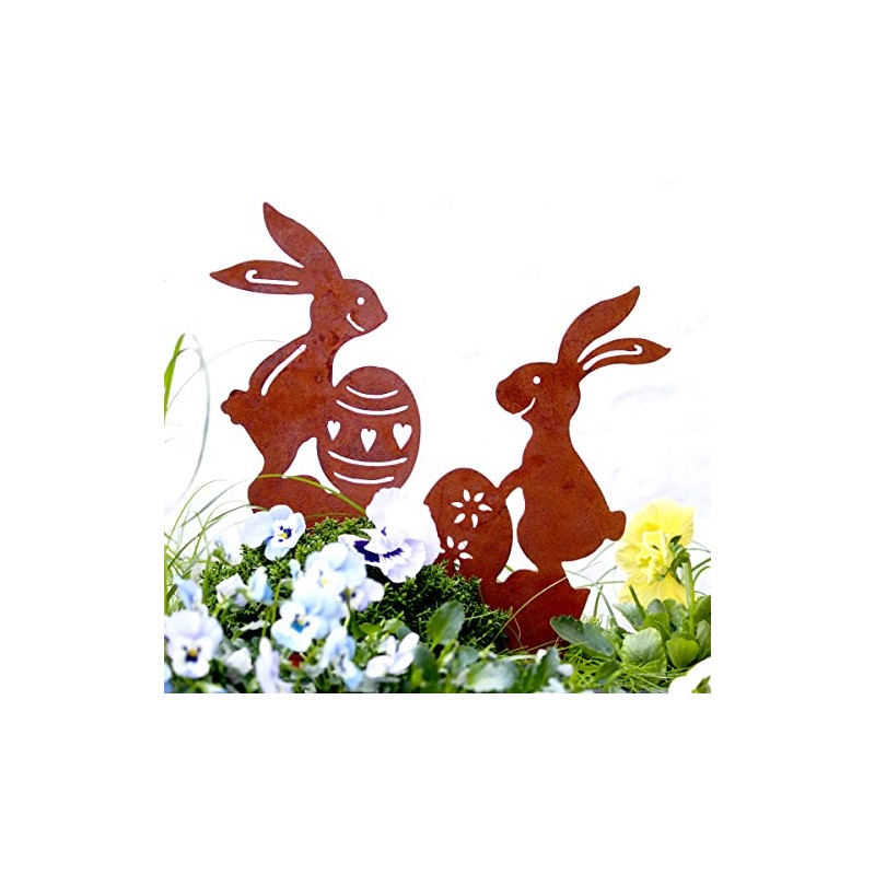 Set of 2 Garden Stakes Rabbit Pair Easter Bunny Rust