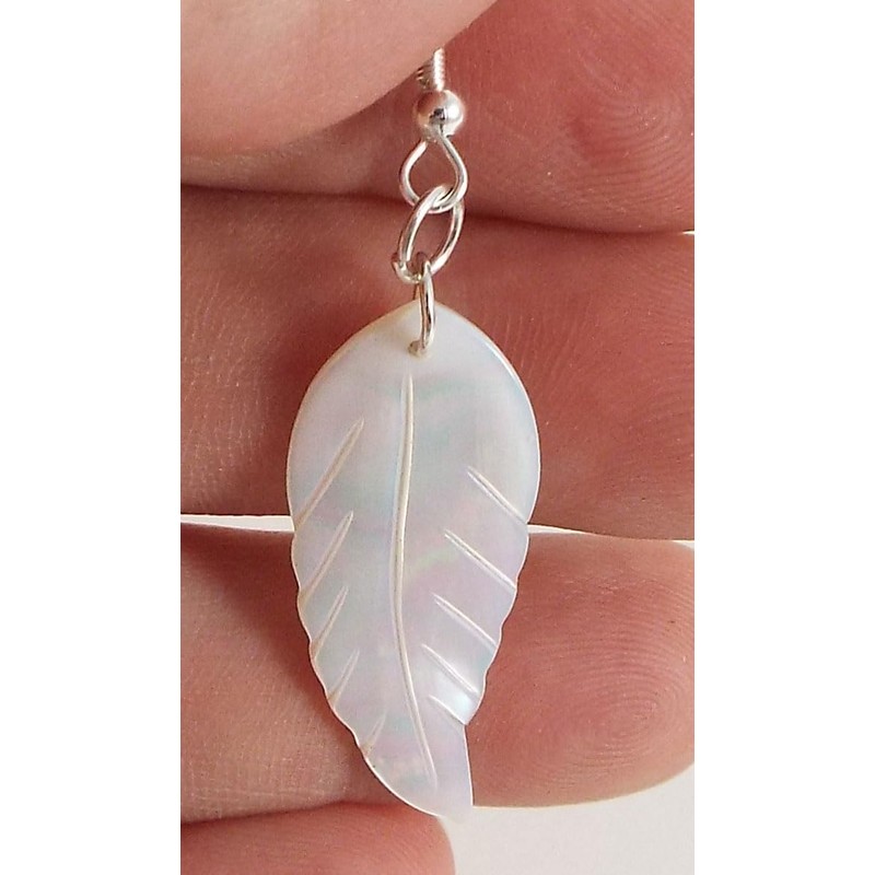 Long Mother of Pearl Carved Shell Leaf or Feather Dangle