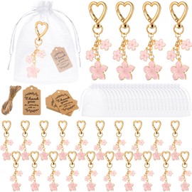 Yuntau 24 Set Pink Flower Keychain Bulk Party Favor Gifts Daisy Keyring Flower Keychain Present with Thank You Tags Organza for Guests Women Bag Wallet Purse Charms Wedding Bridal Party Supply