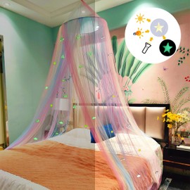 Princess Rainbow Bed Canopy with Unicorn Castle Glow in The Dark, Eimilaly Bed Canopy for Girls Room Decor or Fairy Theme Party