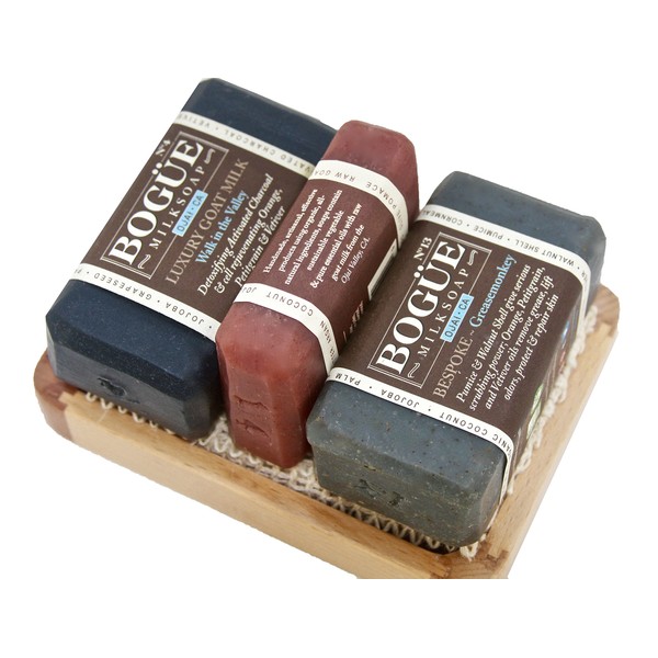 BOGUE Fathers Day Bearded Greasemonkey Giftset Goat Milk Soap- #14 Beard Wash, 13 Exfoliating Grease Monkey 3 Aggregates Remove Grease & Smells #4 Activated Charcoal Detox, Sisal Cloth & Tray