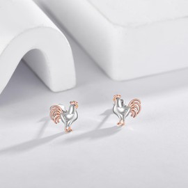 URONE Chicken Earrings Silver 925 Chicken Chick Rooster Stud Earrings Chicken Jewellery Gifts for Women Chicken Lovers, No Gemstone