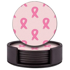 Juego de 6 posavasos redondos de cuero con soporte para bar, bebidas, café (patrón de cinta de concienciación sobre el cáncer de mama)