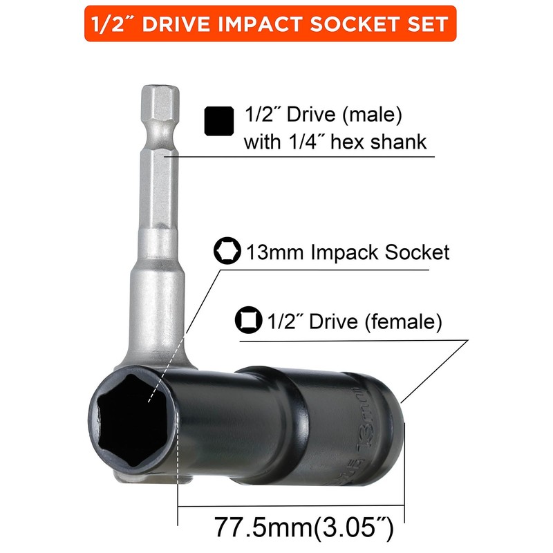 YoiYee 1/2" Drive Deep Impact Socket with 13mm 6-Point Design