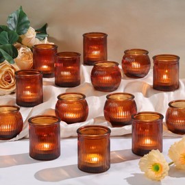 NITIME 24pcs Assorted Amber Votive Candle Holders for Table Centerpiece, Fall Centerpieces for Tables, Ribbed Tea Lights Candle Holder for Wedding, Holiday and Vintage Decor