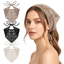 3 Pcs Crochet Bandana, Triangle Head Scarf (White Black, Khaki)