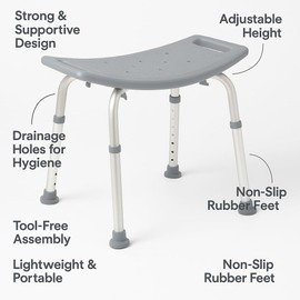 Caring Backless Shower Chair for Seniors, Adults and Elderly, Adjustable Height Aluminum Frame, Slip Resistant Feet, Rust Resistant, Gray, Lightweight, Heavy Duty 400 lb. Weight Capacity