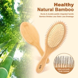 LIYI Bamboo Handle Hair Brush with Stainless Steel Bristles, Promotes Hair Growth & Scalp Massage, Anti-Static Detangler, Unisex, Ergonomic