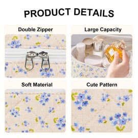 GISMTR 3PCS Makeup Bag Set, Cute Quilted Floral Cosmetic Bag, Large Travel Aesthetic Make up Bag, Coquette Makeup Pouch Toiletry Bag for Women Girls, Blue floral 2
