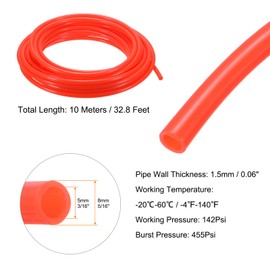 sourcing map Pneumatic Tubing Pipe Pu Hose 8mm OD x 5mm ID 10 Meters(32.8 FT) Air Compressor PU Polyurethane Line Hose Tube for Air Compressor Water Fluid Transfer, Red