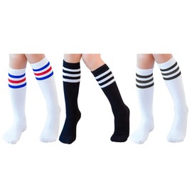 TOCONFFON Knee High Tube Socks for Boys, Girls, Baby, Toddler & Child 3,4 Pairs, Black&white&white 3 Pairs, 4-8 Years