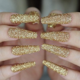 MISUD Glitter False Nails, Long Coffin Fake Nails, Gold Press on Nails, Ballerina Shape Acrylic Nails for Women & Girls