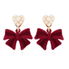 Red Bow Earrings for Women Christmas Bow Earrings Pearl Bow Earrings Velvet Pearl Bow Earrings New Year Christmas Holiday Jewelry (bow C)