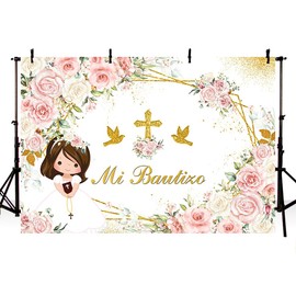 MEHOFOND 7x5ft Mi Bautizo Backdrop Boho Baptism God Bless First Holy Communion Party Decorations for Girl Pink White Flowers Gold Pigeon Holy Cross Newborn Baby Shower Photo Booth Props