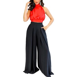 BFFBABY Plus Size Womens Casual Palazzo Pants High Waist Printed Ruched Loose Flowy Lounge Wide Leg Pants (M-3XL)