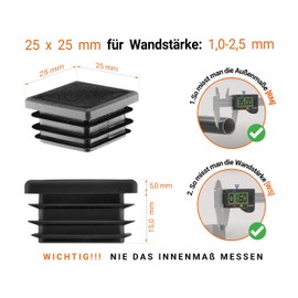 EMFA Lamellar Plugs for Square Tube, 25 x 25 mm, Black, Pack of 4 Pipe Plugs, 25 x 25 Square Tube, Plastic, Square, 2.5 x 2.5 cm, Plug Cover, Pipes, Pipe Cover for Moulded Pipe, End Cap