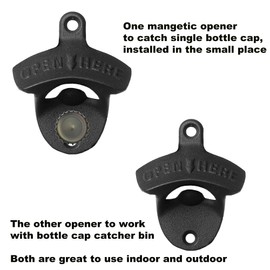Jumiok Black Wall Mount Bottle Opener with Cap Catcher Drainage, Magnetic Beer Cap Opener Post Mounted Stainless (2 Openers)