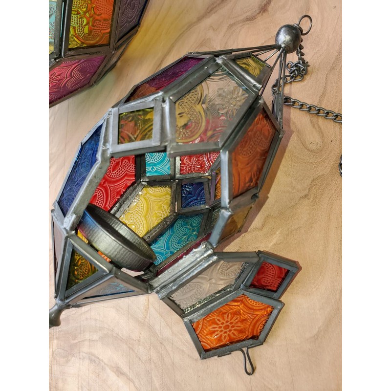 Moroccan Style Hanging Glass Tealight Lantern (Medium Purple/Pink)