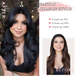 Long Wavy Honey Brown Layered Wig with Curtain Bangs for White Black Women,Synthetic Highlight Blonde Layered Long Wavy Natural Brown Shaggy Wigs with Thin Hair for Women 24inch 4H27