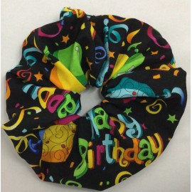 Handmade Happy Birthday Multi Color on Black Party Scrunchie Hair Tie - cotton - 6 inches