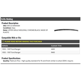 Marketplace Auto Parts, Upper Grille Molding - Chrome/Black - Compatible with 1993-1997 Ford Ranger