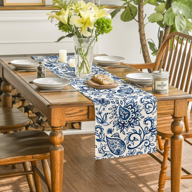 Artoid Mode Beige Floral Paisley Table Runner, Seasonal Spring Kitchen