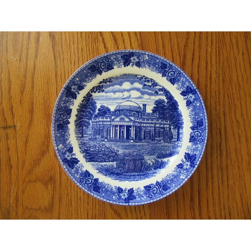 7" Blue & White MONTICELLO Souvenir Plate OLD ENGLISH STAFFORDSHIRE
